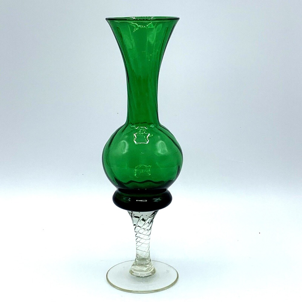 Vintage Emerald Green Bud Twisted Vase Clear Etched Foot Pedestal Unmarked 8.5"